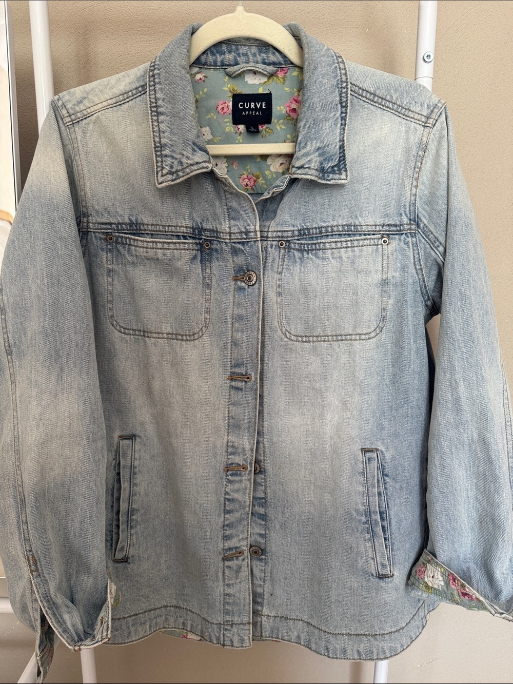 Curve Apparel Light Blue Denim Jacket with Floral Trim